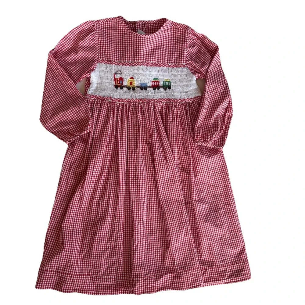 Fantaisie Kids Smocked Embroidered Train Dress Girls 4 Red White Gingham Holiday